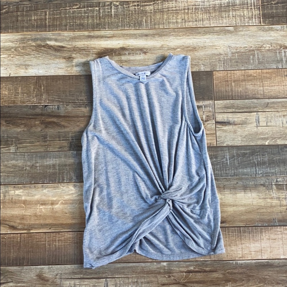 Love, fire gray knot front tank top.